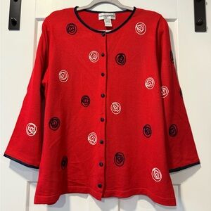 Vintage Cathy Daniels Red Cardigan With Blue and White Spiral Accents Size Large
